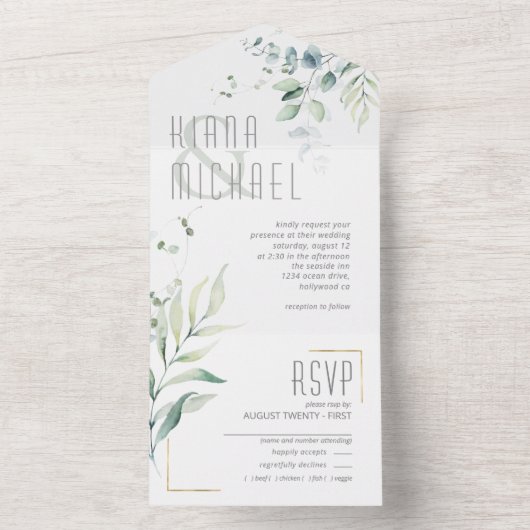 Invitation Tout En Un Dreamy Foliage Mariage Green ID817 (À l'intérieur)