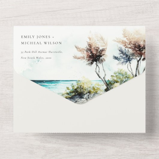 Invitation Tout En Un Dusky Coastal Palm Beach Mariage QR Code (Verso)