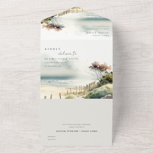 Invitation Tout En Un Dusky Coastal Sand Beach Seascape Mariage QR Code (Dehors)