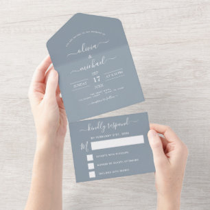 Invitation Tout En Un Dusty Bleu Simple Mariage Typographie moderne RSVP