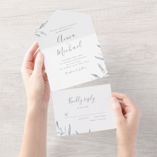 Invitation Tout En Un Dusty bleu verdure minimum mariage rustique (Déchirure)