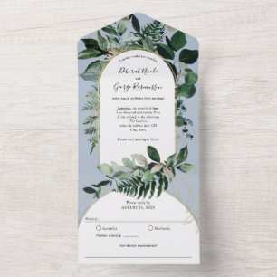 Invitation Tout En Un Dusty BLue, Aquarelle Botanique Vert Arc Boho