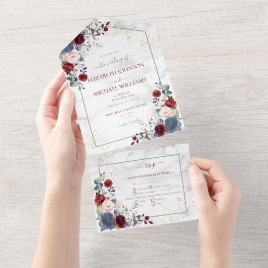 Invitation Tout En Un Dusty Blue Bourgogne Blush Gold FlorMariage (Déchirure)