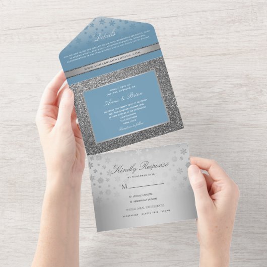 Invitation Tout En Un Dusty Blue Calligraphy Mariage (Déchirure)