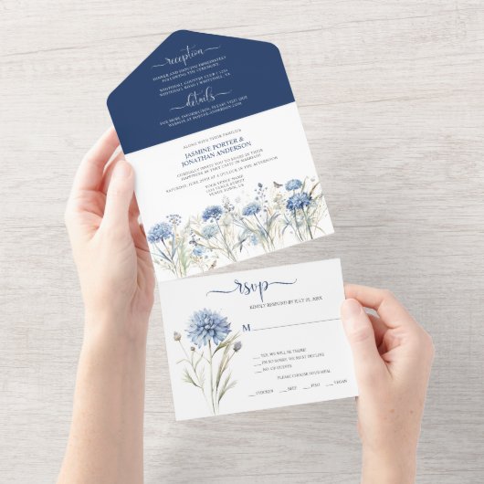 Invitation Tout En Un Dusty Blue Cornflowers, Sweet William Mariage (Déchirure)