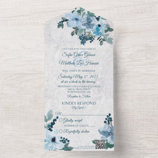 Invitation Tout En Un Dusty Blue Country Floral QR Code (À l'intérieur)