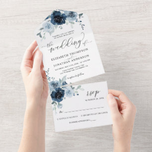 Invitation Tout En Un Dusty Blue Dark Navy Détails du Mariage floral RSV