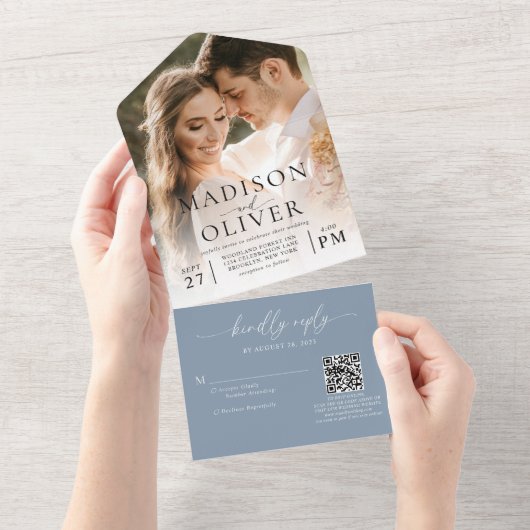 Invitation Tout En Un Dusty Blue Elegant Classic QR Code Mariage photo (Déchirure)