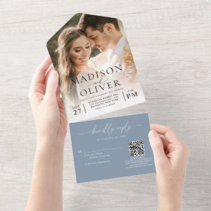 Invitation Tout En Un Dusty Blue Elegant Classic QR Code Mariage photo