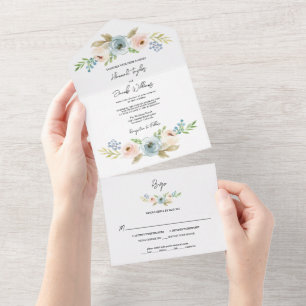 Invitation Tout En Un Dusty Blue Elegant Floral Rustic Mariage avec RSVP