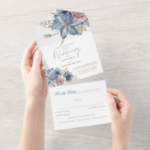 Invitation Tout En Un Dusty Blue et Mauve Floral Élégant mariage tout en