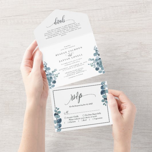 Invitation Tout En Un Dusty Blue Eucalyptus Mariage de verdure (Déchirure)