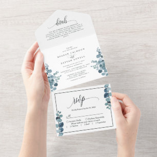 Invitation Tout En Un Dusty Blue Eucalyptus Mariage de verdure