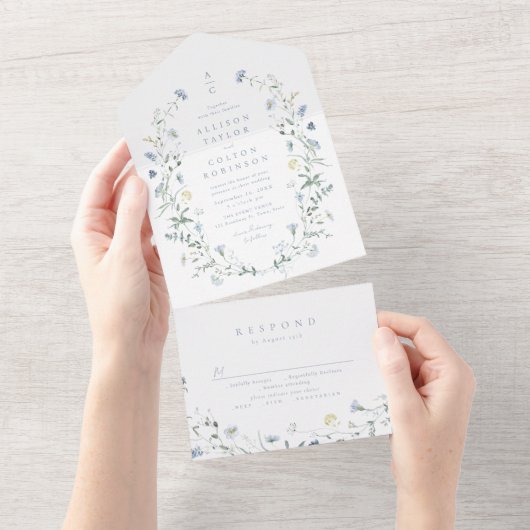 Invitation Tout En Un Dusty Blue Fleur sauvage Rustic Boho Mariage monog (Déchirure)
