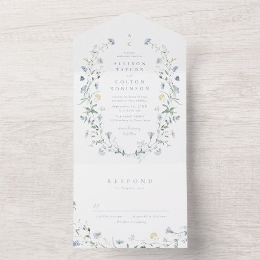 Invitation Tout En Un Dusty Blue Fleur sauvage Rustic Boho Mariage monog (À l'intérieur)