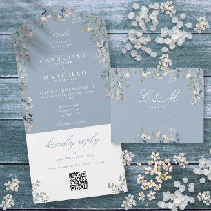 Invitation Tout En Un Dusty Blue Floral Greenery QR Code Mariage