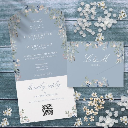 Invitation Tout En Un Dusty Blue Floral Greenery QR Code Mariage