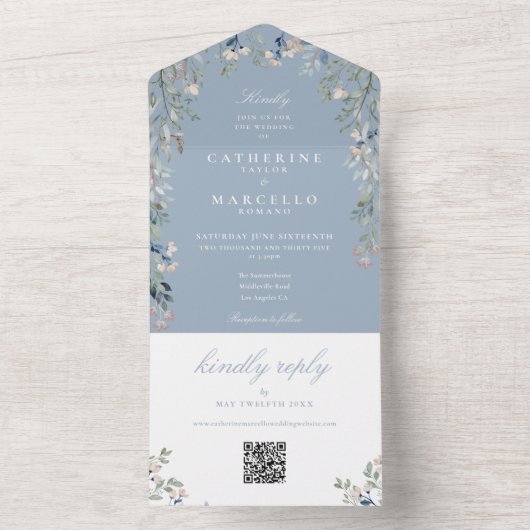 Invitation Tout En Un Dusty Blue Floral Greenery QR Code Mariage (À l'intérieur)