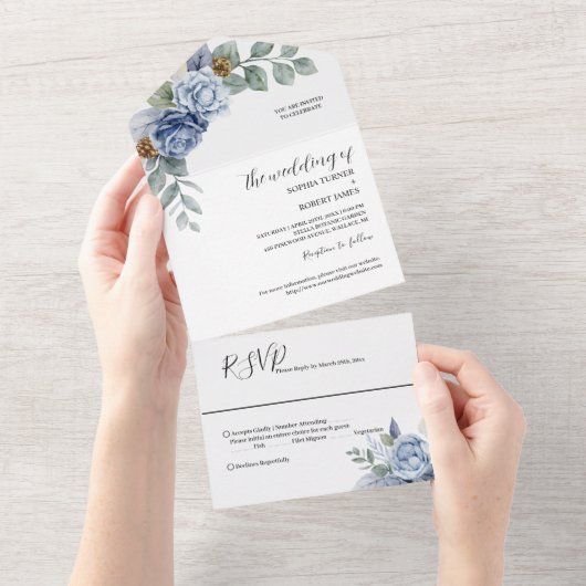 Invitation Tout En Un Dusty Blue Floral Mariage (Déchirure)
