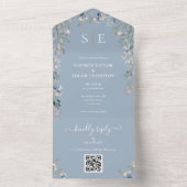 Invitation Tout En Un Dusty Blue Floral Monogramme QR Code Mariage (À l'intérieur)