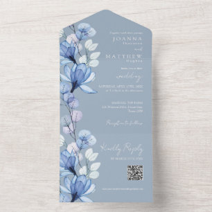 Invitation Tout En Un Dusty Blue Floral Monogramme QR Code Mariage