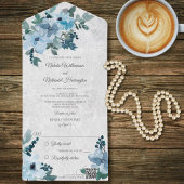 Invitation Tout En Un Dusty Blue Floral QR Code