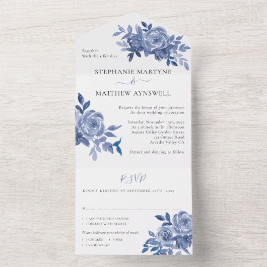 Invitation Tout En Un Dusty Blue Floral Rose Mariage de feuillage (À l'intérieur)