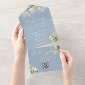Invitation Tout En Un Dusty Blue Floral String lights QR Code Mariage (Déchirure)