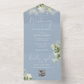 Invitation Tout En Un Dusty Blue Floral String lights QR Code Mariage (À l'intérieur)