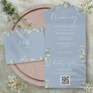 Invitation Tout En Un Dusty Blue Green Floral Script QR Code Mariage