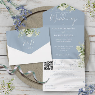 Invitation Tout En Un Dusty Blue Green Monogram QR Code Mariage