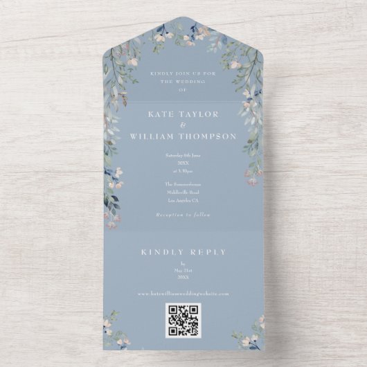 Invitation Tout En Un Dusty Blue Greenery Floral QR Code Mariage (À l'intérieur)