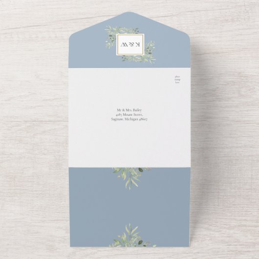 Invitation Tout En Un Dusty Blue Greenery Floral QR Code Mariage (Dehors)