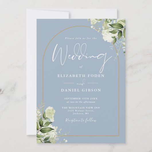 Invitation Tout en un Dusty Blue Greenery Gold Arch Mariage (Devant)