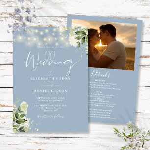 Invitation Tout en un Dusty Blue Greenery Light Photo Mariage