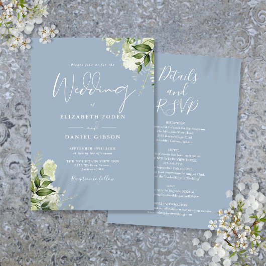 Invitation Tout en un Dusty Blue Greenery Mariage Floral