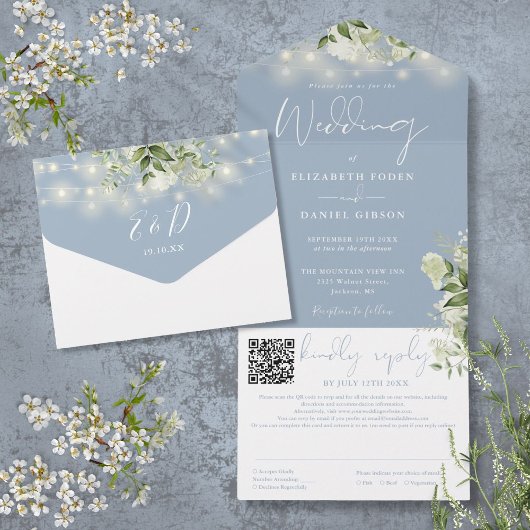 Invitation Tout En Un Dusty Blue Greenery String Lights QR Code Mariage