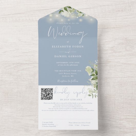 Invitation Tout En Un Dusty Blue Greenery String Lights QR Code Mariage (À l'intérieur)