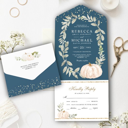 Invitation Tout En Un Dusty Blue Greenery White Citrouille Mariage de au