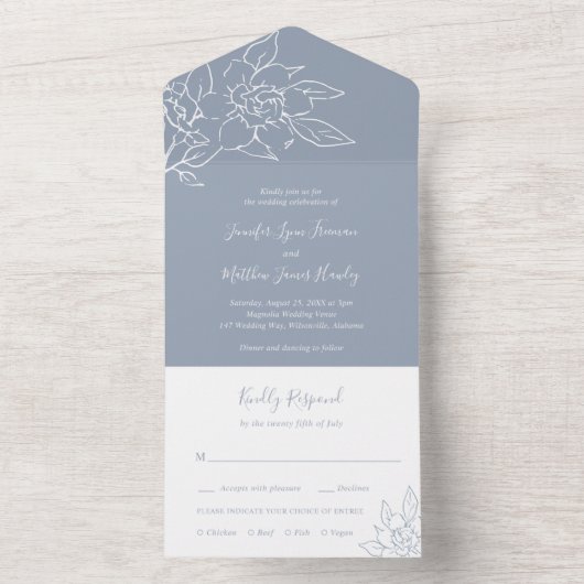 Invitation Tout En Un Dusty Blue Line Art Floral Mariage élégant (À l'intérieur)