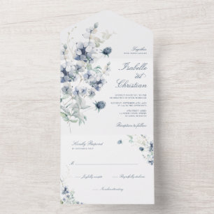 Invitation Tout En Un Dusty Blue Mariage Fleur sauvage vert