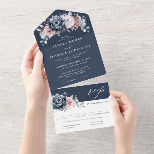 Invitation Tout En Un Dusty Blue Mauve Rose rose ardoise Mariage floral (Déchirure)