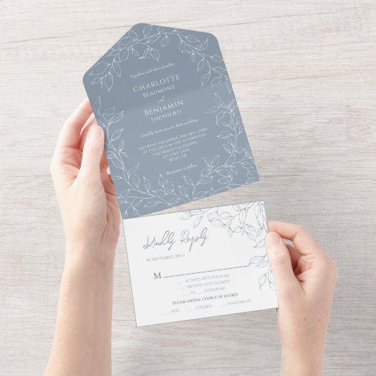 Invitation Tout En Un Dusty Blue Minimal Leaf Mariage Entree Choice (Déchirure)