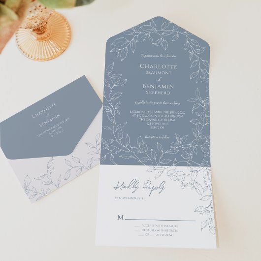 Invitation Tout En Un Dusty Blue Minimal Mariage feuille