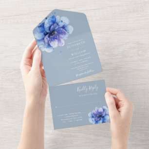 Invitation Tout En Un Dusty Blue Moderne Aquarelle Mariage Floral