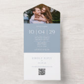 Invitation Tout En Un Dusty Blue Monogram QR Code Mariage photo Date (À l'intérieur)