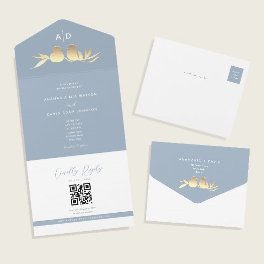 Invitation Tout En Un Dusty Blue Monogram QR Wedding