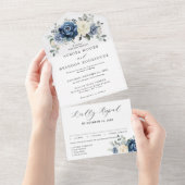 Invitation Tout En Un Dusty Blue Navy Champagne Ivory Floral Mariage (Déchirure)