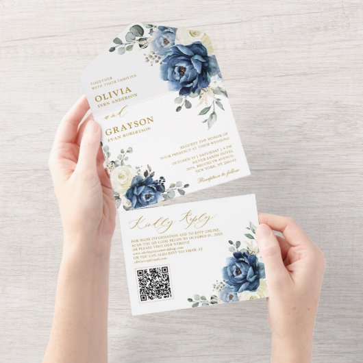 Invitation Tout En Un Dusty Blue Navy Champagne Ivory Mariage QR Code (Déchirure)