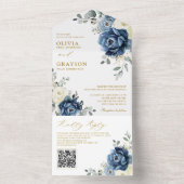 Invitation Tout En Un Dusty Blue Navy Champagne Ivory Mariage QR Code (À l'intérieur)